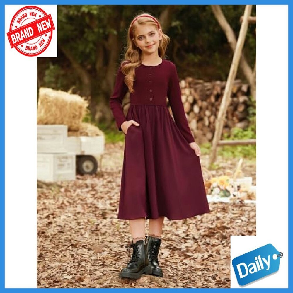 Girls Long Sleeve Maxi Dress with Pockets Formal Casual Polyester Blend - Picture 3 of 8